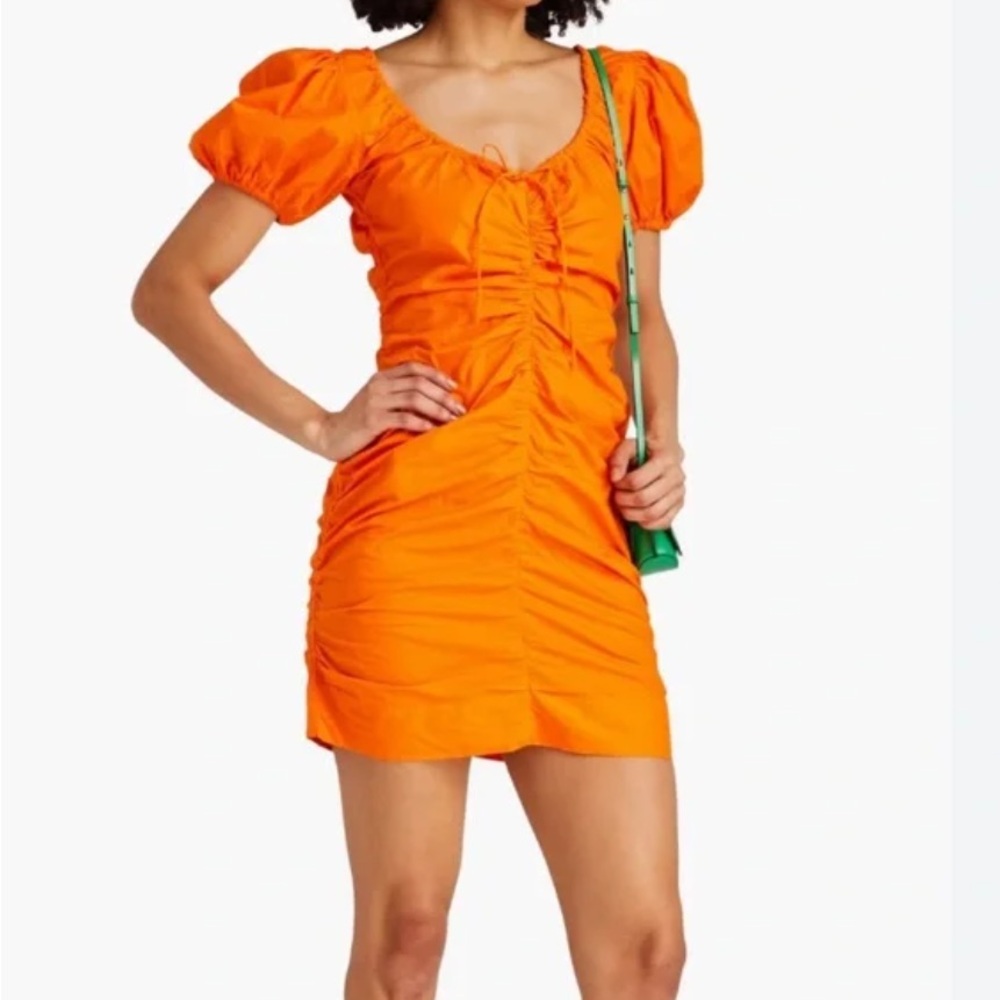Ganni Vibrant Orange Ruched Scrunched Mini Dress